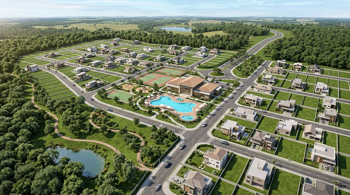 Loteamento e condomínio em 3D — áreas de lazer e lotes